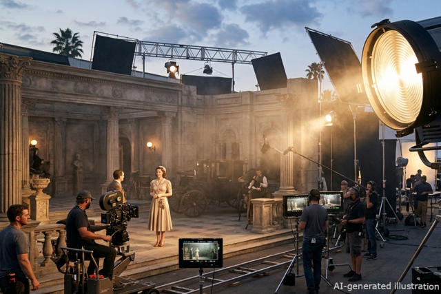 Professional film spotlight with a Fresnel lens used for precise light control on set.
