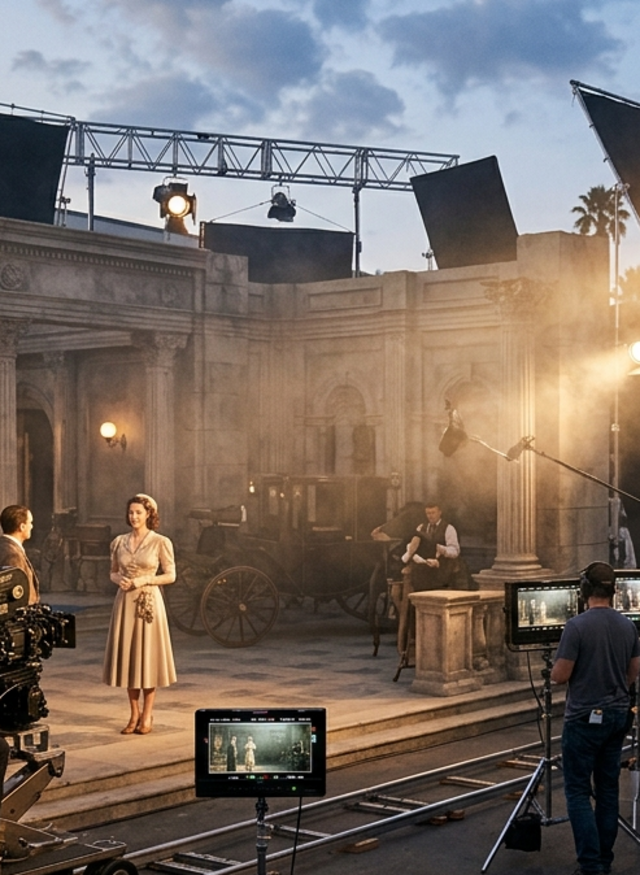 Professional film spotlight with a Fresnel lens used for precise light control on set.