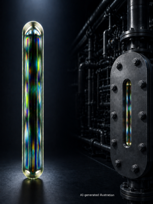 MAXOS® Safety Sight Glasses by Auer Lighting. The graphic shows a vertically positioned, polarized MAXOS® sight glass with isochromatic rings and a sight glass installed in industrial equipment, both set against a dark industrial setting.