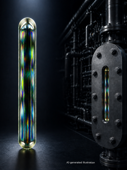 MAXOS® Safety Sight Glasses by Auer Lighting. The graphic shows a vertically positioned, polarized MAXOS® sight glass with isochromatic rings and a sight glass installed in industrial equipment, both set against a dark industrial setting.
