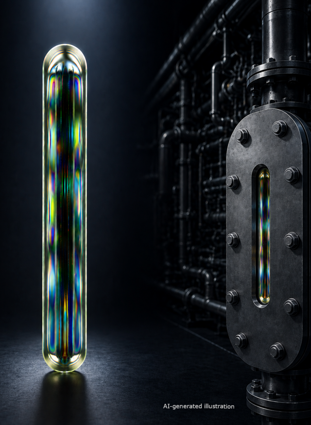 MAXOS® Safety Sight Glasses by Auer Lighting. The graphic shows a vertically positioned, polarized MAXOS® sight glass with isochromatic rings and a sight glass installed in industrial equipment, both set against a dark industrial setting.