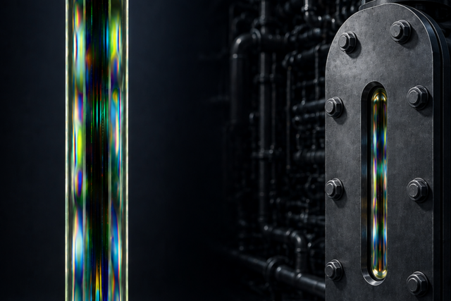 MAXOS® Safety Sight Glasses by Auer Lighting. The graphic shows a vertically positioned, polarized MAXOS® sight glass with isochromatic rings and a sight glass installed in industrial equipment, both set against a dark industrial setting.